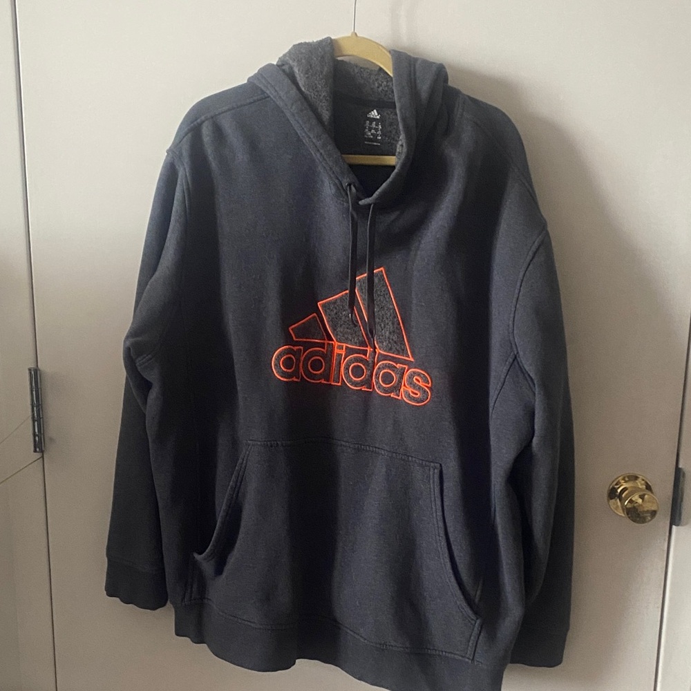 Adidas Men's Charcoal Hoodie with Vibrant Orange Logo